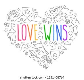Love wins. Raster copy of Hand drawn lettering illustration of Happy Pride Day and LGBT Community support. Simple design for t-shirts, stickers, invitation, banner, postcard, poster