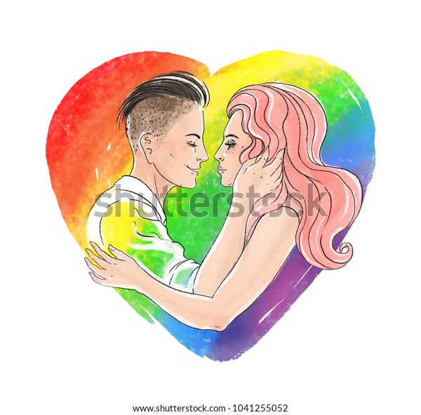 Love Wins Romantic Lesbian Couple Kissing Stock Illustration