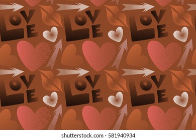 Love word, hearts and lipstick kiss motley seamless pattern. Romantic raster stock illustration in white, pink and orange colors.