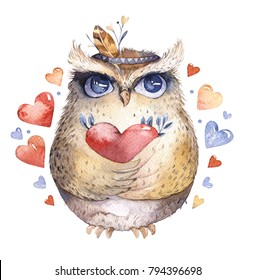 I love you. Lovely watercolor illustration with sweet owls, hearts and flowers in awesome colors. Stunning romantic valentines day card made in watercolor technique. Bright Valentines isolated design