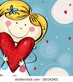 I love you postcard. Cute  girl with the big red heart. Valentines or mothers day design.