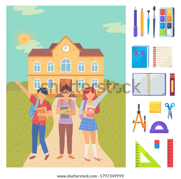 I love\
you school postcard, girl and boy with backpack and books. Pen and\
pencil, tassel and paint, book and notebook, ruler and dividers\
stickers . Back to school concept. Flat\
cartoon