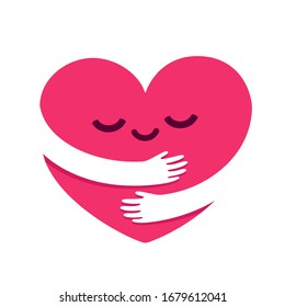 Love Yourself, Cute Cartoon Heart Character Hug. Kawaii Heart With Hugging Arms. Self Care And Happiness Illustration.