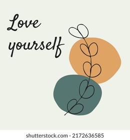 Love Yourself. Social Media Instagram Post Of Minimalist Hand Draw Of Leaf Plant And Circle Yellow Beige. A Boho Tropical Organic Abstract Illustration Design Line Art. 