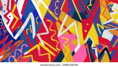 Lovely abstract background line art, spray, line and wiggle, fine art with graffiti. 80s street art painted grunge image, brilliant color. Street art figurative for poster