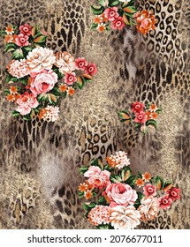 Lovely Animal Leopard Skin With Red Pink  Rose Flowers  Floral Black Seamless Repeating Background Artistic Wallpaper Pattern For Valentine's Day Baby Bridal Shower Invitation Card Dress Skirt Design
