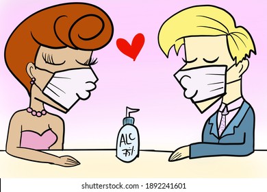 A Lovely Dating Couple Wearing Masks Kissing Each Other In A New Normal Concept, Social Distancing And No Contact On Valentine's Day During COVID-19 Coronavirus Outbreak Spreading