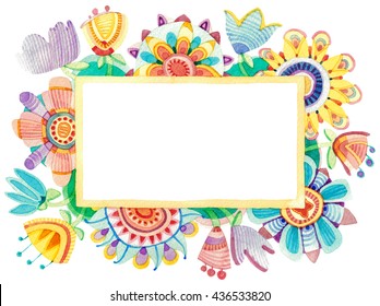 Lovely floral watercolor frame.
Primitive colorful decorative flowers and leaves. Rectangular shape.
Warm red orange yellow colors.