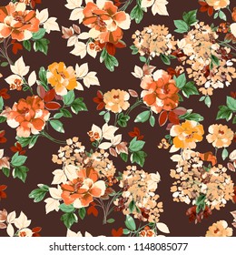 Lovely Love Little Tiny Small Orange Yellow  Violet  Rose Flowers on Floral Dark Brown  Seamless Repeating  Background Artistic Wallpaper Pattern for Valentine's Day Baby Bridal Shower Invitation Card - Powered by Shutterstock