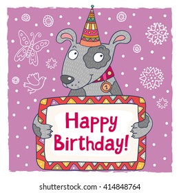  Lovely Raster Illustration. Cute Happy Birthday Greeting Card Template With A Cartoon Dog