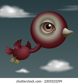 A Lovely Red Duck With A Bid Head Flying Over The Sky. Digital Illustration