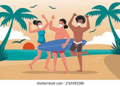 Lovely summer with girl, boys and surfboard with mask. Best summertime commercial for sea beach  - Powered by Shutterstock