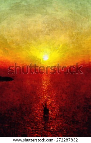 lovely sunset, sun goes down, impressionism art, modern art, oil painting, burning colors, beautiful view, romantic mood, ship  on water, ocean sea and clouds, brush drawing, art vision, calm mood,