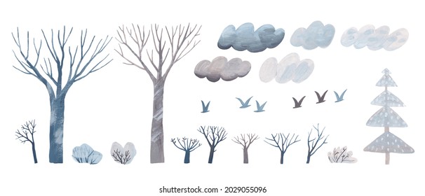 Lovely Winter Trees. Isolated On White Background Trees Without Foliage. Childish Gouache Illustration.