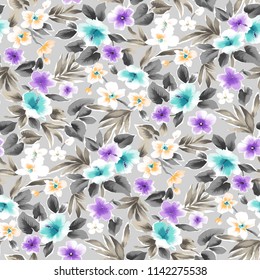 Lovely Young Little Tiny Small Turquoise Purple Violet  Rose Flowers On Floral Light Grey Beige Seamless Repeating  Background Artistic Wallpaper Pattern  Beach Party Fashion Baby Bridal Shower