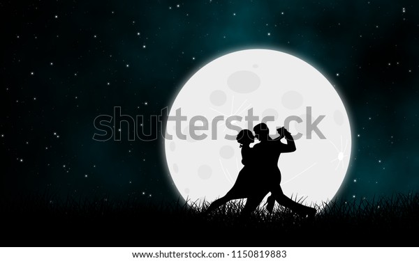 Lover dance with the moon on\
grassfield in starry night illustration abstract design\
background.