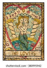 The lovers. Full colorful deck, major arcana. The old tarot card, vintage hand drawn engraved illustration with mystic symbols. Mermaid girl and boy in love hugging each other against pull with lotus