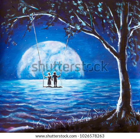 Lovers Ride On Swing Male Man And Girl Woman Against Background Of Big Moon Lovers Ride On Swing Male Man And Girl Woman Against Background Of Big Moon