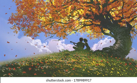 lovers sitting and playing guitar under the tree in autumn, digital art style, illustration painting