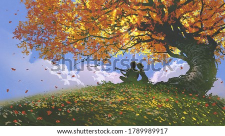 lovers sitting and playing guitar under the tree in autumn, digital art style, illustration painting