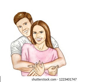 A loving couple is embracing. The girl and the guy are smiling. Watercolor isolated on white background illustration. A man hugs a woman. People to the waist. Happy faces. Loving people.  - Powered by Shutterstock