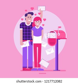 Loving Couple Getting Mail From Mailbox Full Of Envelopes. Man And Woman Receiving Letters Near Pink Opened Postbox. Valentine Day Concept Illustration Or Card.