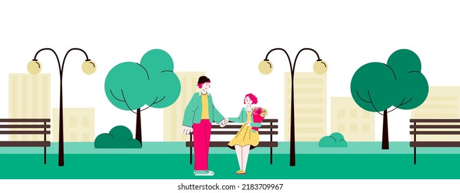 Loving couple meeting and dating in city park flat cartoon illustration.