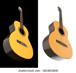 Low angle bottom view of classic guitar on black and white background 3d rendering