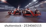 Low angle front view of two generic racing cars moving fast very close together along a straight track near arena buildings at night in a generic location. One has sparks coming from the rear.