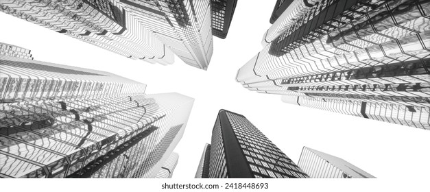Low angle shot from ground to sky of city skyscrapers area at cloudy conditions. 3D rendering. 3D Illustration