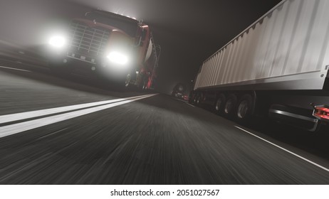 Low Angle View of a Container Truck and a Tanker Truck Moving on the Road in Opposite Directions at Night 3D Rendering