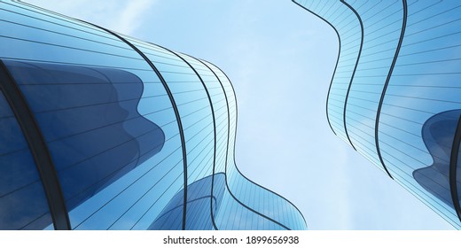 Low Angle View Of Futuristic Architecture, Skyscraper Of Office Building With Curve Glass Window, 3D Rendering.