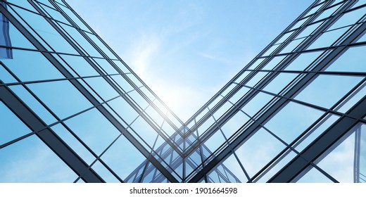 Low Angle View Of Futuristic Architecture, Skyscraper Office Building With Cloud Reflected On Window, 3D Rendering.