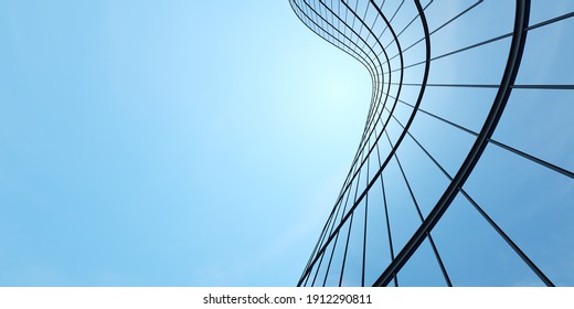 Low Angle View Of Futuristic Architecture, Skyscraper Of Office Building With Curve Glass Window, 3D Rendering.