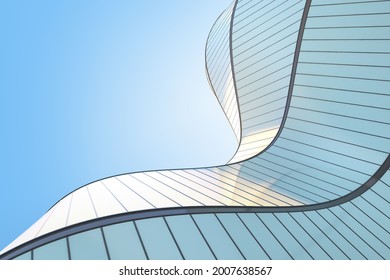 Low Angle View Of Futuristic Modern Architecture, Skyscraper Of Corporate Office Building, Curve Shape, 3D Rendering.