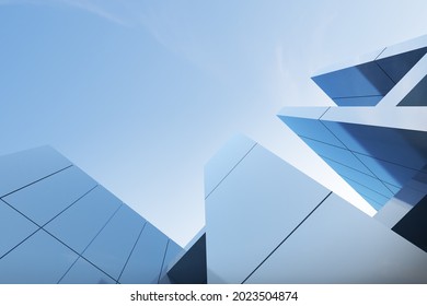 Low angle view of futuristic modern architecture, Skyscraper of corporate office building, 3D rendering.