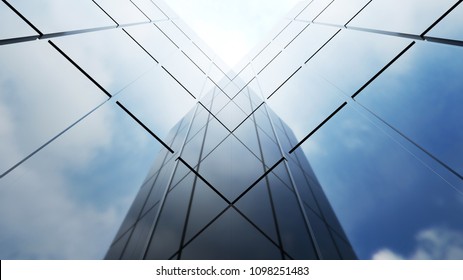 Low angle view of generic modern office skyscrapers ,high rise buildings with abstract geometry glass facades on a bright sunny day . Concepts of finances and economics background. 3d rendering .