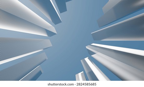 Low angle view of modern high rise skyscrapers reaching toward a clear sky. Abstract architecture background of futuristic business office buildings. City background with copy space