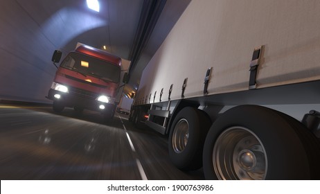 Low Angle View Of A Semi Trailer Truck Passing By A Box Truck Inside The Tunnel 3D Rendering