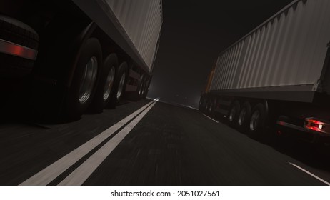 Low Angle View of Two Container Trucks Moving Side by Side on the Road at Night 3D Rendering