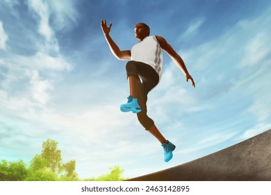 Low angle view of young man running jumping on street stair, city park in the morning with blue sky, 3d illustration - Powered by Shutterstock