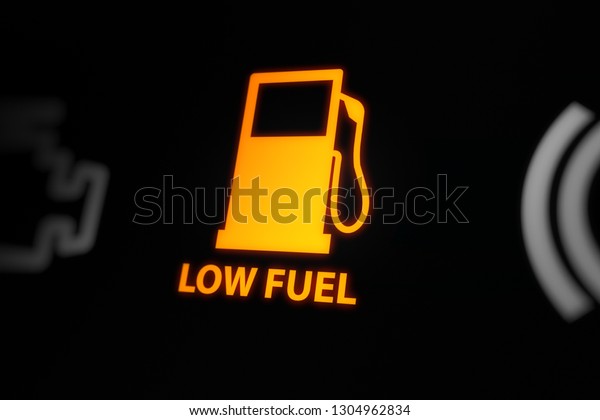 Low Fuel Level Warning Light on Car\
Dashboard.  3D\
illustration\
