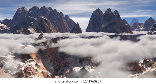 Low hanging clouds over a mountain range (3D rendering)