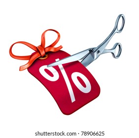 Low Interest Rate Cut Represented By Scissors Cutting A Red Price Tag With A Percentage Sign.