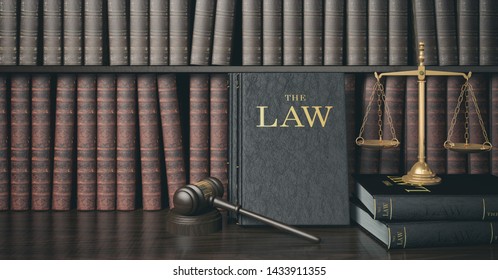 Low Key Filter Law Bookshelf With Wooden Judge's Gavel And Golden Scale , 3D Rendering