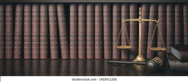 Low Key Filter Law Bookshelf With Wooden Judge's Gavel And Golden Scale , 3D Rendering