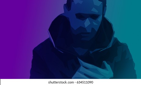Low poly abstract guy portrait. Digital background with connection dots