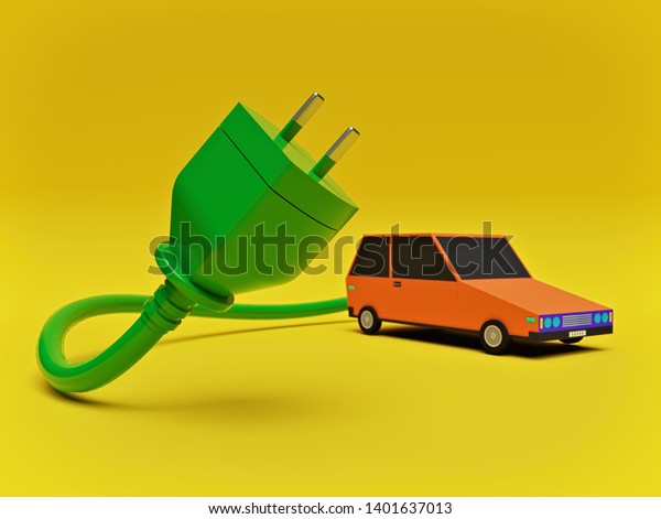 low poly car with\
green Electrical plug on yellow background. minimal Electric car\
concept. 3d\
rendering