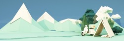 Low Poly Cartoon Style. Mobile Homes Van And Tents Camping In The National Park, Bicycles, Ice Buckets, Guitars And Chairs, And Trees With Clouds And Mountains On Background. 3d Render Wide Screen