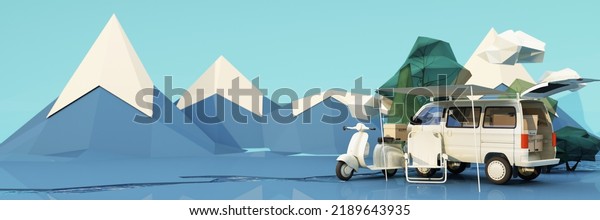 low poly cartoon style. Mobile homes van and tents\
camping in the national park, bicycles, ice buckets, guitars and\
chairs, and trees with clouds and mountains on background. 3d\
render wide screen